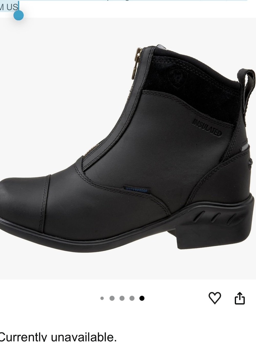 Ariat Women's Waterproof Insulated Paddock Boots US 8.5 Black Front Zip New